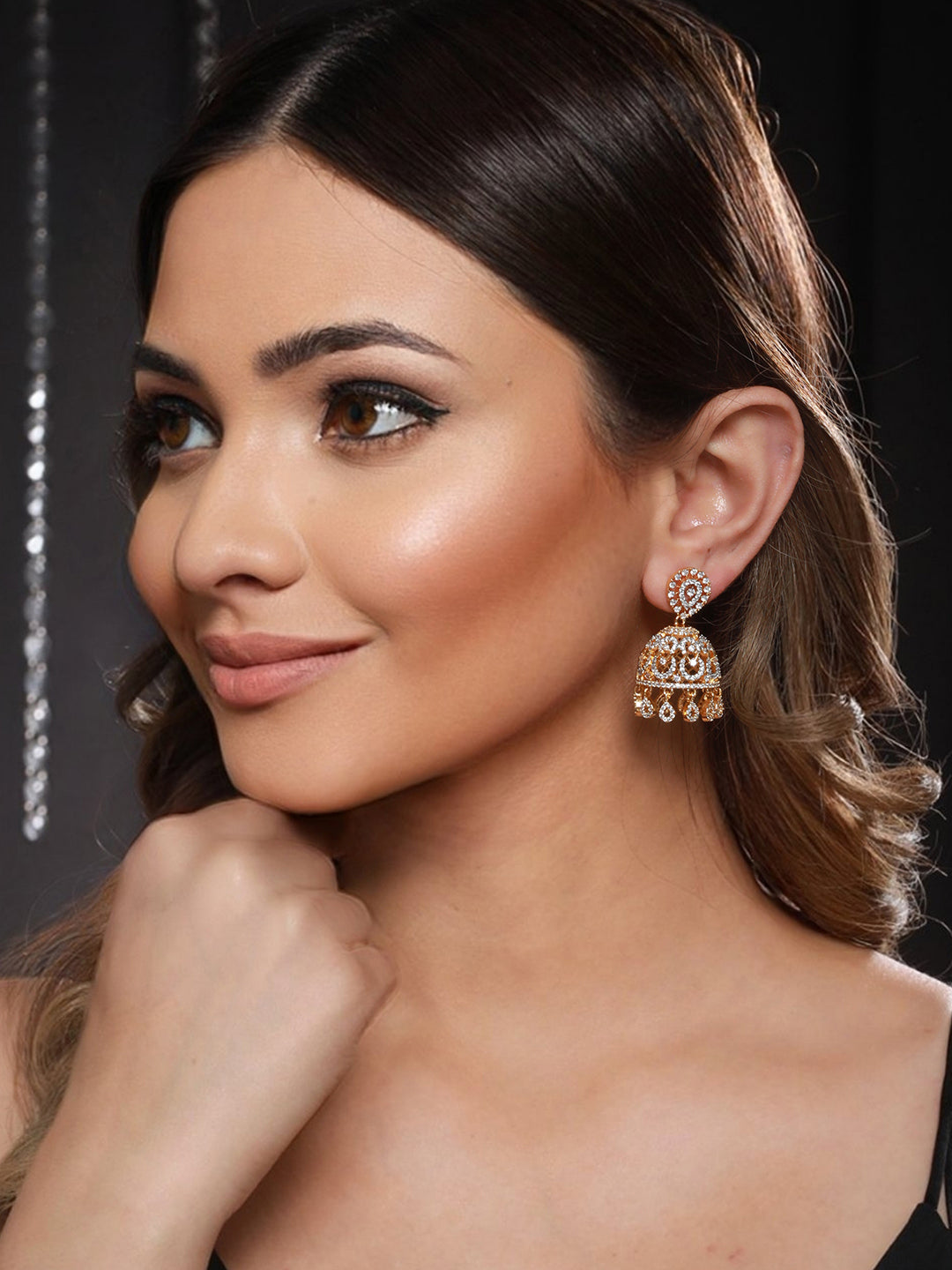 Gold Plated CZ Studded Statement Jhumka earrings